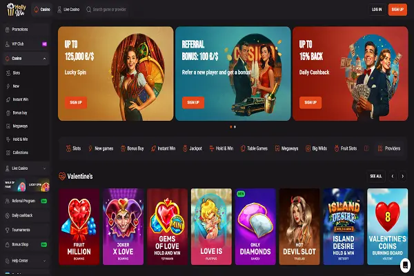 HollyWin Casino Home page and Welcome Bonus