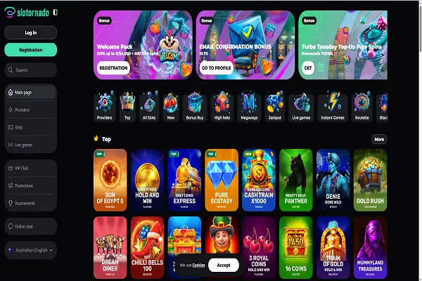 Slotornado Casino Home Page and Bonuses
