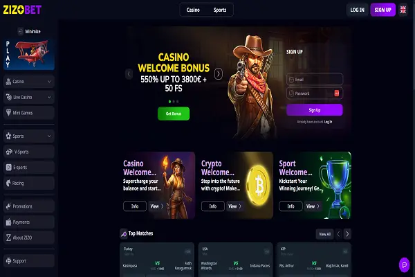 ZizoBet Casino Home Page and Welcome Bonus