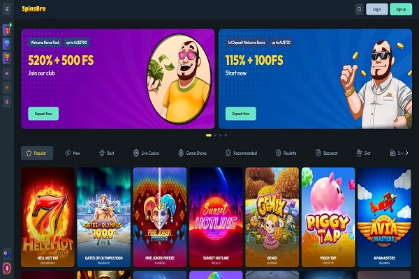 SpinsBro casino home page and welcome bonus
