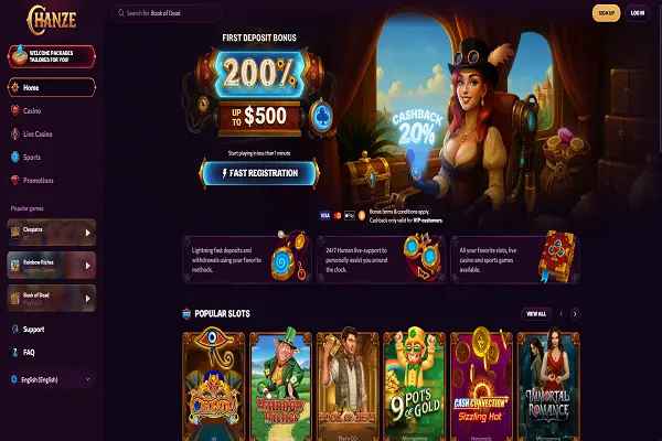 Chanze Casino Home page and Welcome bonus