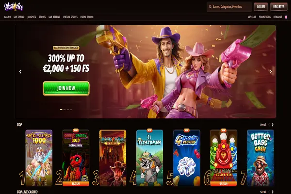 WestAce Casino Home Page and Welcome Bonus