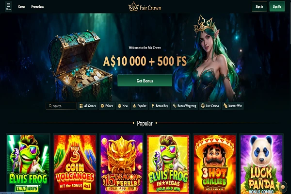 Fair Crown Casino Home Page and Welcome Bonus