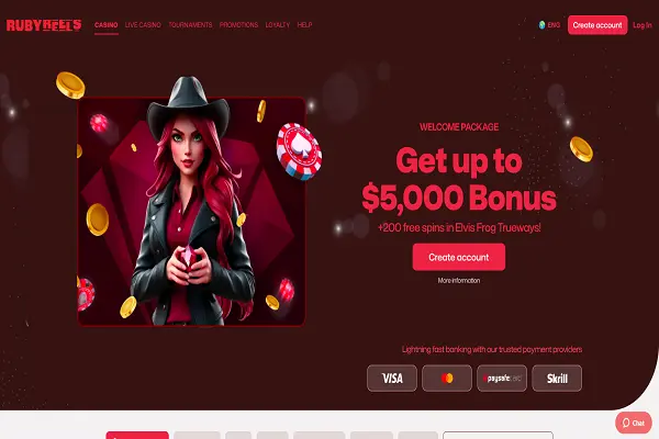 RubyReels Casino Home Page and Welcome Bonus
