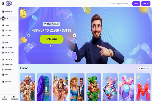Vipsta Casino Home Page and Welcome Bonus