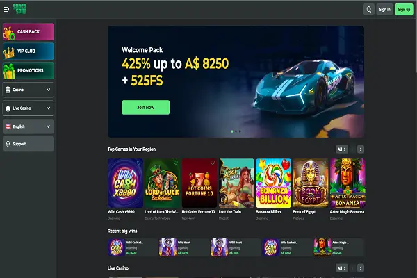 Super Spin Casino Home Page and Welcome Bonus