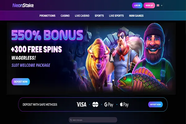 NeonStake Casino Home Page and Weclome Bonus