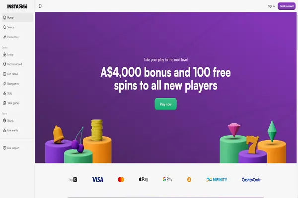 InstaSpin Casino Home Page and Welcome Bonus
