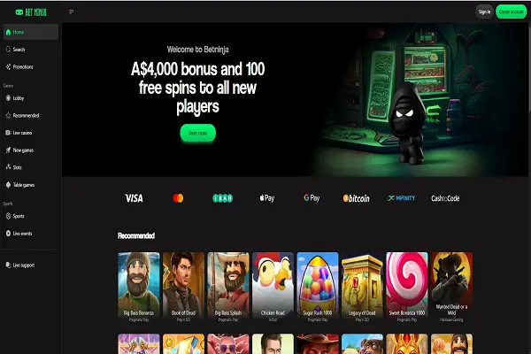 BetNinja Casino Home Page and Welcome Bonus
