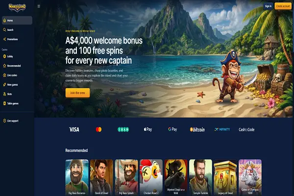 Winner Island Casino Home Page and Welcome Bonus