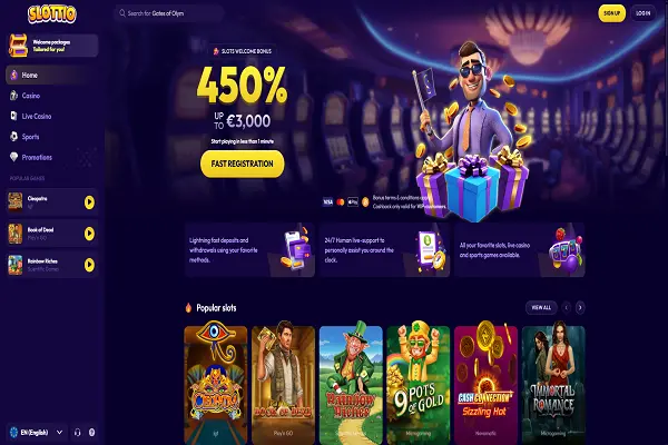 Slottio Casino Home Page and Welcome Bonus