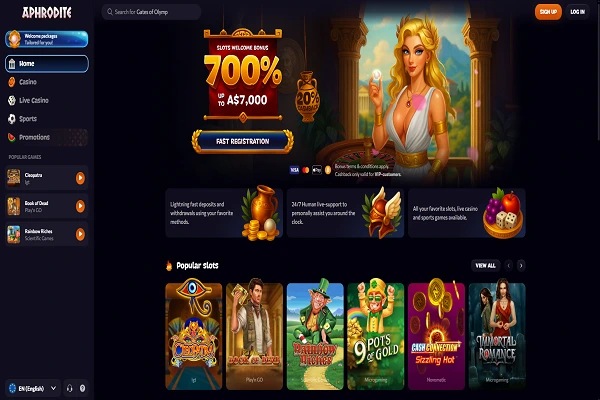 Aphrodite Casino Home Page and Welcome Bonus
