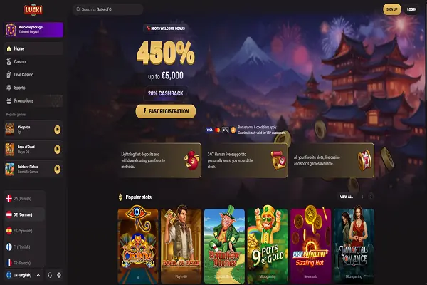 Lucki Casino Home Page and Welcome Bonus