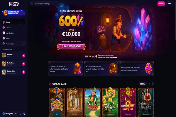 Wildzy Casino Home Page and Welcome Bonus