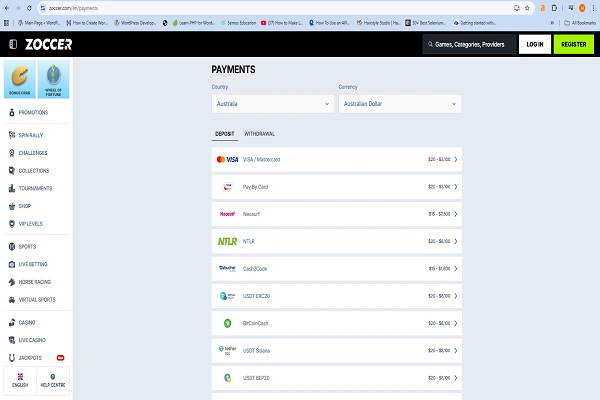 Zoccer Casino Payment Methods