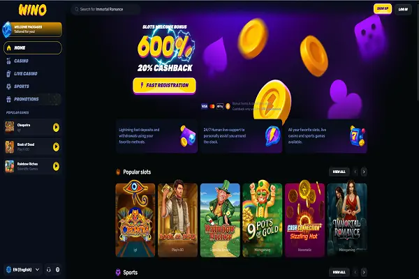 Wino Casino Home Page and Welcome Bonus