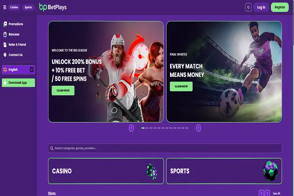 BetPlays Casino Home Page and Welcome Bonus