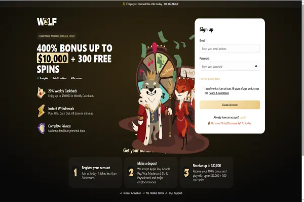 Wolf.io Casino Home Page and Welcome Bonus
