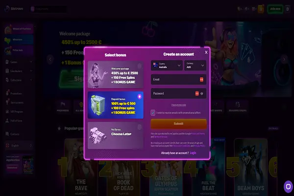 Slotrave Casino Create an account