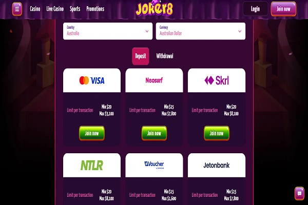 Joker Casino Payment Methods