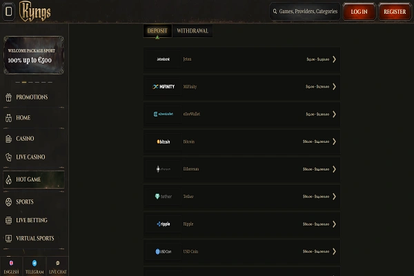 Kyngs Casino Payment Methods