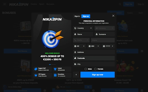 NikaSpin casino Registration