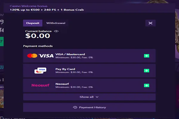 Available deposit methods at NaoBet Casino