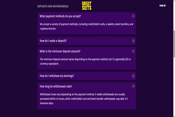Great Slots casino Deposit and Withdrawals Great Slots casino Deposit and Withdrawals