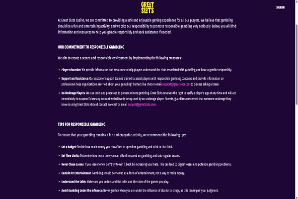 Great Slots casino Responsible Gambling Great Slots casino Responsible Gambling