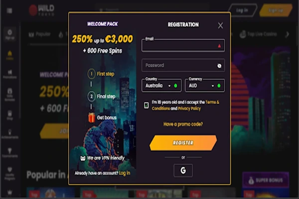 Sign up window on Wild Tokyo Casino