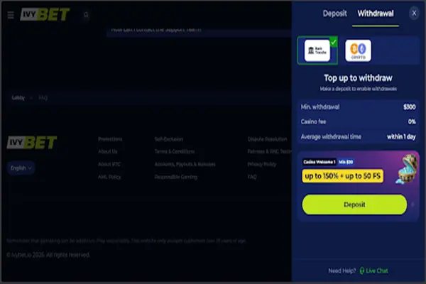 IvyBet Casino Withdrawal Methods Withdrawal options available on the casino