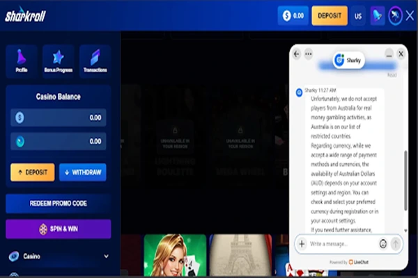 Sharkroll Casino Live Support Live support chat window on Sharkroll Casino