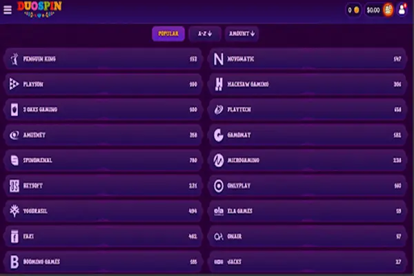 DuoSpin Casino Providers Lobby overview for DuoSpin Casino
