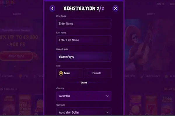 DuoSpin Casino Registration Window for registration
