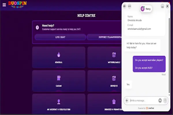 Live support window on DuoSpin Casino