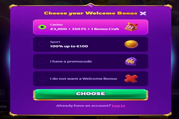 Welcome Bonus options on MidasLuck
