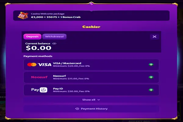 Some of the deposit methods available at MidasLuck casino