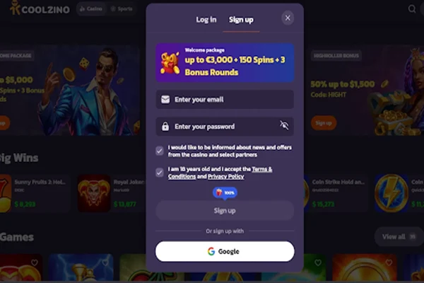 Coolzino Casino Registration Registration window on Coolzino Casino