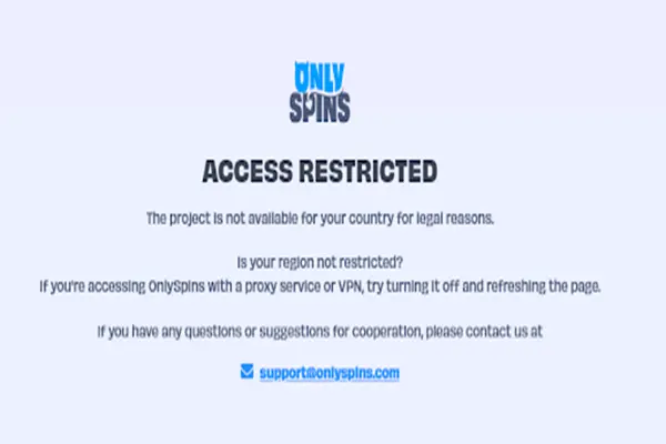 Restriction window on OnlySpins Casino