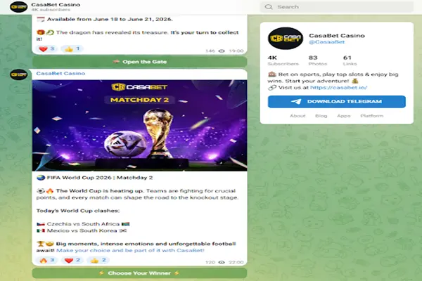 Telegram channel is available for CasaBet Casino