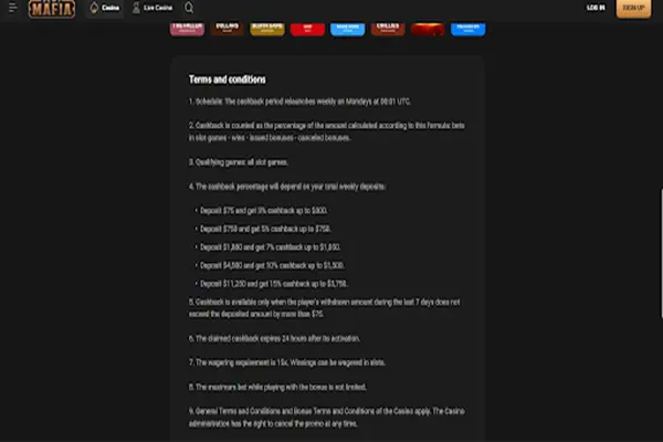 Cashback Terms and Conditions Terms and Conditions for Cashback on SlotMafia Casino