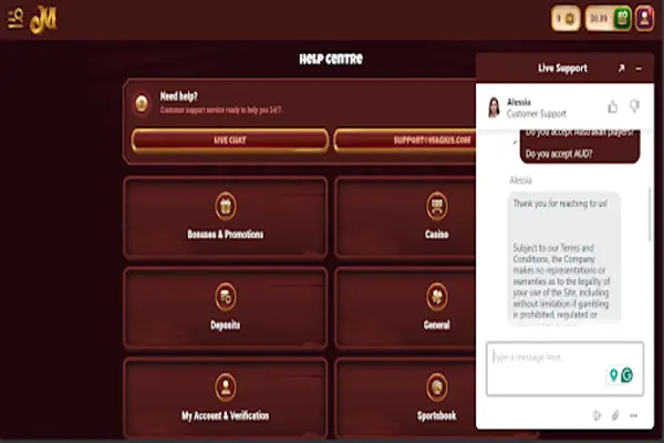 Available support on Magio Casino