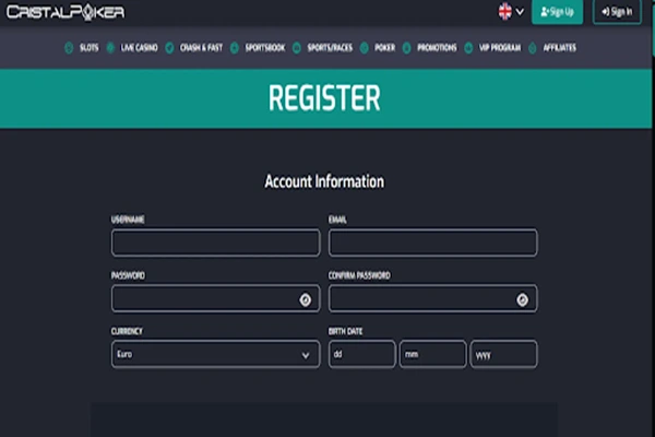 CristalPoker Casino Registration Registration at Cristal Poker Casino