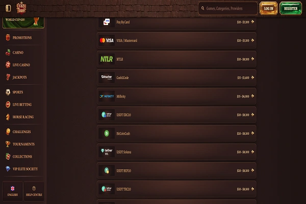 Crazy Tower Casino Payments