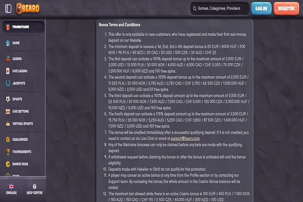 Bearo Casino Terms and Conditions