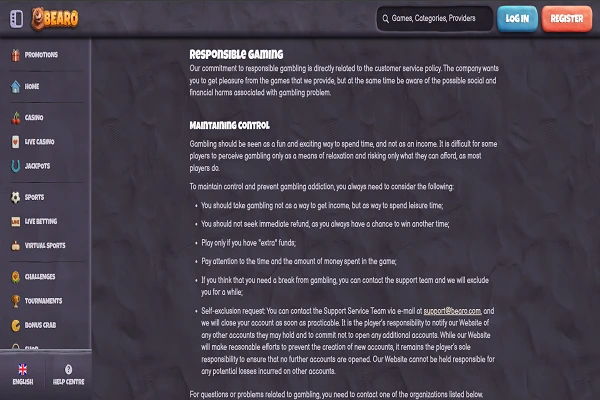 Bearo Casino Responsible Gaming Page