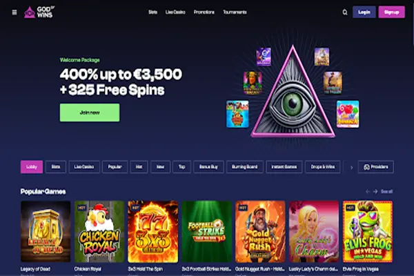 God of Wins Casino Welcome Page First page of God of Wins Casino
