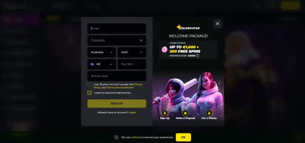 Registration window at Golden Star Casino