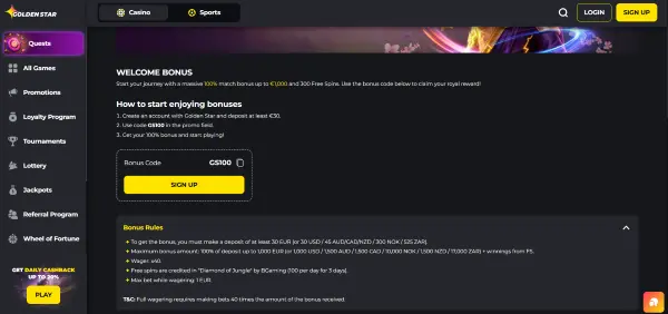 Welcome Bonus offer at Golden Star Casino