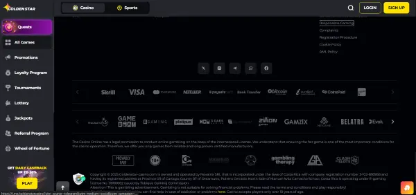 Payment Methods available on Golden Star